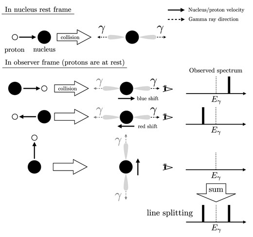 A schematic of line splitting. For simplicity, here we assume that the nuclei emit gamma rays in only two directions in the nucleus rest frame (top). In the observer frame (bottom), the observer can detect gamma rays from only the top two cases, which result in a split line profile.
