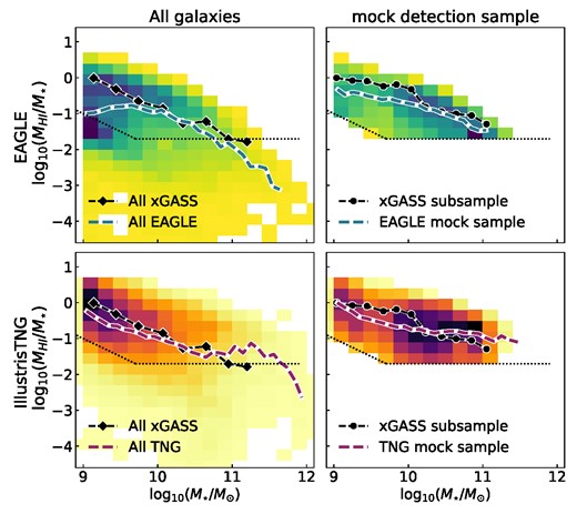 H i gas fraction versus stellar mass relation, for eagle (top row) and tng (bottom row). The median relation from the full xGASS sample is shown as black diamonds for comparison (as published in Catinella et al. 2018), with the xGASS detection limit shown as dotted black lines. The left column shows all the galaxies in eagle and tng in the background 2D histogram, with the median in bins of 0.1 dex overlaid as dashed blue/ magenta lines. In the right column, both the eagle and tng mock detection samples are shown (see the text for this selection). Dark colours indicate regions of high density and vice versa. The xGASS subsample from Papers 1 and 2 is shown as black points. The 2D histogram colours of the left and right columns cannot be compared directly, as the right has been weighted to recover the xGASS stellar distribution, while the left has not.