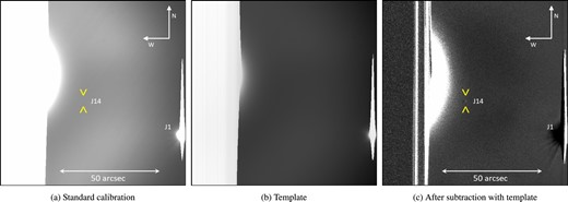 Result obtained with the template technique. In (a) the image with standard treatment of bias and flat-field; in (b) the template master constructed for that set; and in (c) the image after applying the technique. The yellow arrow indicates Thebe’s position in the image. This event was the eclipse between Ganymede (J3) and Thebe (J14) observed on 2021 July 18 by the Perkin-Elmer treaty applying 5 s of exposure using the I filter of the Johnson system.