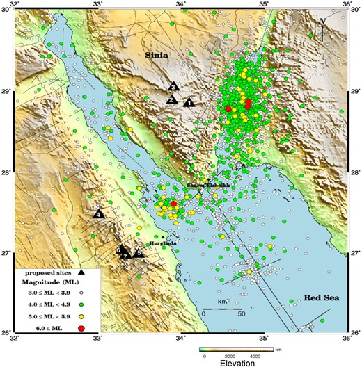 Locations of the proposed sites (black triangles) combined with seismicity (up to 2020) and surface faults in the region.