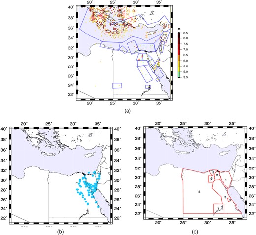 (a) Earthquake catalogue Mw ≥ 5 up to 2020 plotted with the seismogenic zone model; (b) seismogenic nodes; (c) crustal structure model.