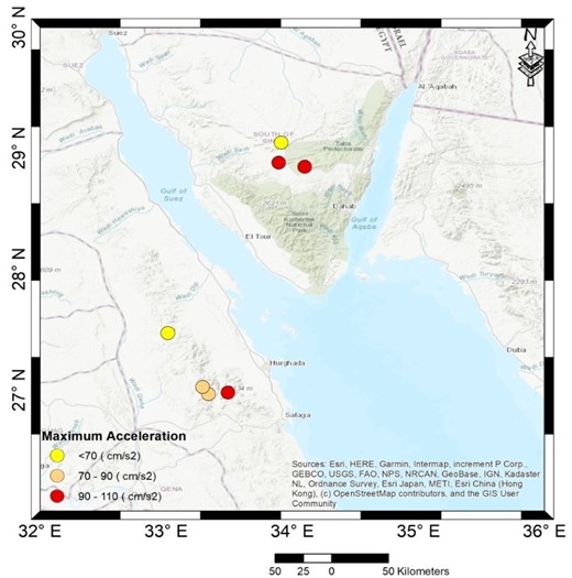 Peak ground motion acceleration map for the proposed sites. The red circles represent the highest seismic hazard sites, moderate seismic hazards are marked with orange circles while low seismic hazard sites are presented with yellow circles.