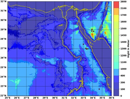 Topography of Egypt along with the candidate mountains (black dots). The elevation through the map is colour coded.