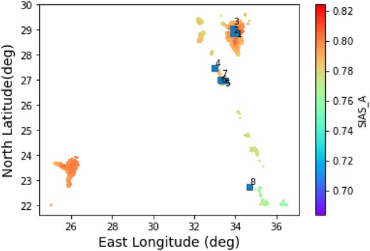 Series A of the SIAS of Aksaker et al. (2020). The eight candidate sites are marked with blue squares, where the SIAS through the map is colour coded.