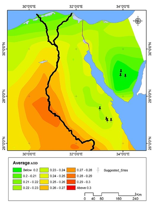 Map of average AOD measurements over Egypt during the period Oct 2018 - October 2020, the black pins refer to our candidate sites.