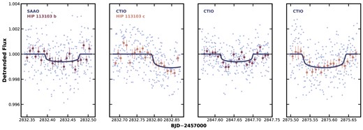 The ground-based detrended photometric follow-up observations of HIP 113103 b and HIP 113103 c, as obtained with the Las Cumbres Observatory 1-m telescopes at the South African Astronomical Observatory and the Cerro Tololo Interamerican Observatory (all in zs filter). The best-fitting transit model is represented via the navy line, while each transit has been binned in 10-min intervals to illustrate the precision of the LCO telescopes.