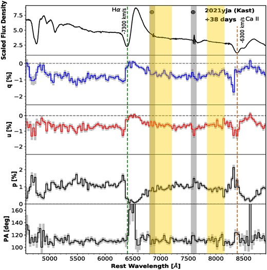 Same as Fig. 3, but for 2021 October 15 (+ 38 d) and a bin size of 30 Å.