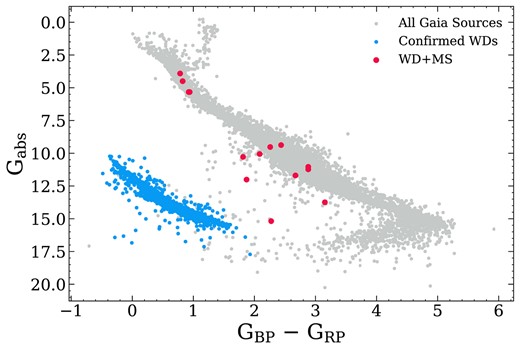 A Gaia HR diagram showing all spectroscopically confirmed white dwarfs within 40 pc as blue points, alongside all other Gaia sources in the same volume which have parallax_over_error > 1 and astrometric_excess_noise < 1.5 from Gaia DR3 as grey points. White dwarfs in unresolved binaries with main-sequence companions that are not in the Gentile Fusillo et al. (2021) catalogue are shown as larger red points.