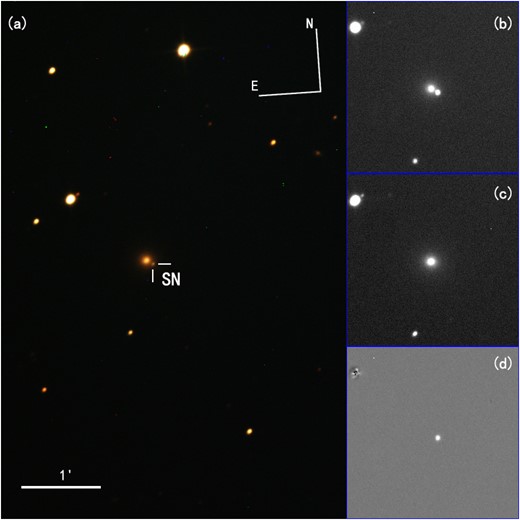 (a) A BVr-band colour image of SN 2022vqz (marked with a crosshair) with its host galaxy MCG+05−03−011, taken with the TNT 80 cm telescope on MJD 59849.80 (∼14 d before B maximum). A scale bar is shown in the bottom-left corner. North is up and east is to the left. (b) V-band image on MJD 59876.68. (c) V-band template constructed from the MJD 59849.80 image. (d) Result of the template subtraction.
