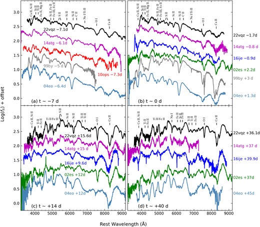 Comparison of the spectra of SN 2022vqz (at t ≈ −7, 0, +10, and +40 d after B maximum) with those of other SNe Ia at similar phases, including 02es-like SNe 2002es, 2016ije, PTF10ops, iPTF14atg, 91bg-like SN 1999by, and the normal SN Ia 2004eo. All spectra have been corrected for the redshift of their host galaxy.