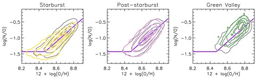 Contours of log (N/O) plotted against gas metallicity for the SB, PSB, and GV spaxel subsamples (coloured lines), along with the N/O–O/H relation fitted to the star-forming sample (purple lines) and N/O–O/H contours from the corresponding control samples (dark grey lines). The contours encompass ∼99, ∼90, ∼60, and ∼30 per cent of spaxels in a given subsample.