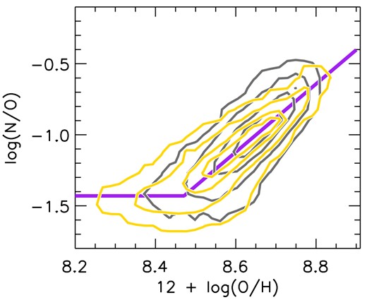 Contours of log (N/O) plotted against gas metallicity for the SB spaxel subsample (gold), along with the fitted N/O–O/H relation (purple lines), and a control sample selected from PSB spaxels (grey contours). The contours encompass ∼99, ∼90, ∼60, and ∼30 per cent of a given spaxel subsample.