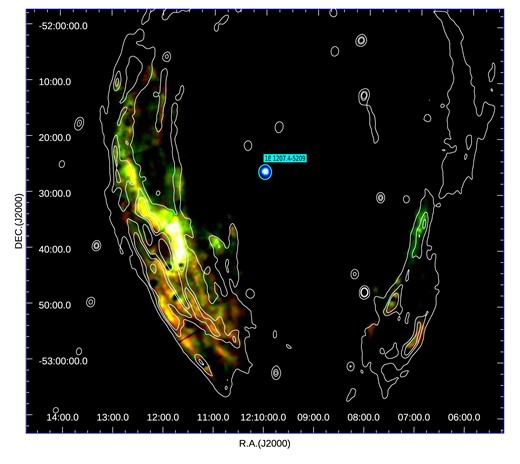 X-ray false-colour image linear-scaled of the SNR G296.5+10.0 in the three X-ray energy bands: soft (0.4–0.6 keV) in red, medium (0.6–0.9 keV) in green, and hard (0.9–2.0 keV) in blue. The radio continuum emission at 843 GHz is indicated in white contours at 0.041, 0.18, and $0.24\,{\rm mJy\, beam}^{-1}$. The cyan circle indicates the position of the neutron star 1E 1207.4–5209, which is believed to be associated with the SNR. The North is up and the East is to the left.