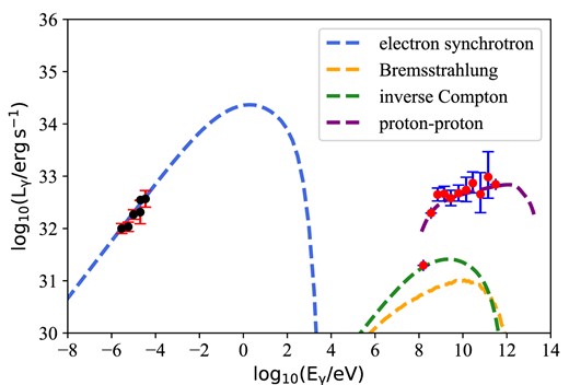 Spectral energy distributions of the SNR G296.5+10.0, for the different radiative processes that occur at the reverse shock of the expanding remnant. Black dots at the left correspond to the radio data, which can be explained by the electron-synchrotron mechanism; red dots are the right correspond to the gamma observations and can be explained by pp interactions. The parameters adopted for this model are listed in Table 5.