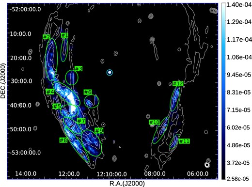 Mosaic double background subtracted image linear-scaled of the six observations in the X-ray band towards the SNR G296.5+10.0. The twelve regions selected for the spectral analysis are indicated in green (see Section 3.2). The cyan circle indicates the position of the neutron star 1E 1207.4–5209. The white contours at 0.03, 0.16, 0.24, and 0.32$~{\rm mJy\, beam}^{-1}$ represent the radio emission. The North is up and East is to the left.