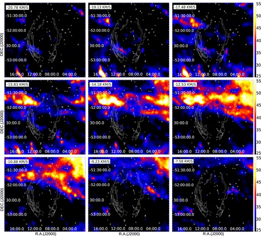 Colour image of the H i distribution around the SNR G296.5+10.0 in the velocity range from −20.78 to $-7.58\,{\rm km}\, {\rm s}^{-1}$. Each frame shows the emission integrated over two consecutive velocity channels, indicating the velocity of the first channel in the upper left corner. The colour scale is in units of ${\rm K}\,{\rm km}\, {\rm s}^{-1}$. The white contours at 0.03, 0.16, $0.24~{\rm mJy\, beam}^{-1}$ represent the radio emission at 843 GHz. The North is up and the East is to the left.