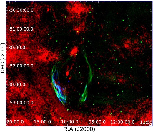Composite image of the infrared emission at 140 $\mu$m (red), the radio emission at 843 MHz (green), and the X-ray plasma (blue). The North is up and the East is to the left.