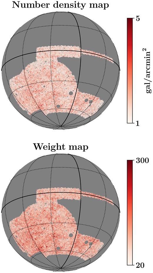 The source galaxy number density map in $\rm {gal/arcmin^2}$ unit (top) and the weight map (bottom) for the galaxies in DES-Y3 Bin-4. For the weight map, the value in each pixel is the summation of the inverse variance weights of all the galaxies that fall within that pixel. The weight map is used as the shear field mask without apodization.
