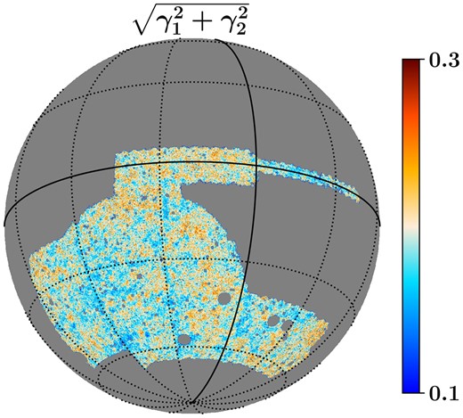 Map of the magnitude of shear ($\sqrt{\gamma ^2_1 + \gamma ^2_2}$) for the tomographic Bin-4, where the value of shear in each pixel is estimated using equation 10. The map is smoothed with a Gaussian kernel of 12 arcmin FWHM for visual purposes.