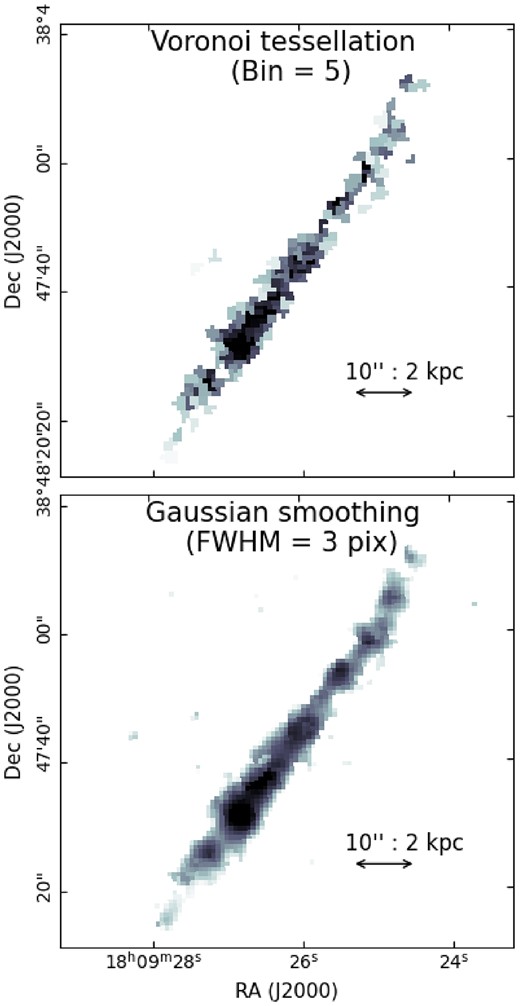 Hα monochromatic map of CIG 847 (UGC 11132) obtained after being applied a VT with SNR ≃ 5 (top panel) and a spatial Gaussian smoothing with FWHM ≃ 2 arcsec (3 pixel) (bottom panel). We use the VT binned map to mask the Gaussian smoothed map to ensure that all regions of this map have SNR ≥5.