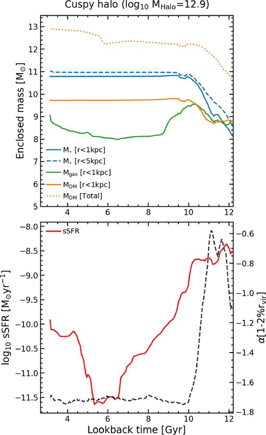 Top panel: The enclosed mass (within 1 kpc) for M⋆ (blue), Mgas (green), and MDM (orange) versus look-back time (Gyr) for a massive halo (MHalo = 1012.9 M⊙) with a cusp at the final timestep of the full NH (i.e. DM + baryons) run. We also show the enclosed mass within 5 kpc for M⋆ (blue dashed line) to explore whether stars are being formed in situ or not. Bottom panel: The evolution of the sSFR (red) with look-back time and α (black dashed line) for this galaxy. At large look-back times, this halo had a cored profile when the gas and DM masses were roughly equal in the centre. However, ongoing star formation with a high sSFR changes the makeup of the central masses. As stars begin to dominate the mass in the centre of the halo, the core disappears as a cusp is reformed.
