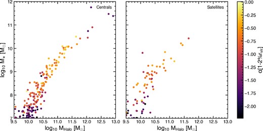 Halo mass versus stellar mass for centrals (left) and satellites (right), colour coded by the slope of the DM density profile. Haloes with cores are found in both populations which indicates that tidal interactions are not solely responsible for the creation of cores. Cores are found at lower halo and stellar masses in satellites than centrals, likely due to the effect of tidal stripping.