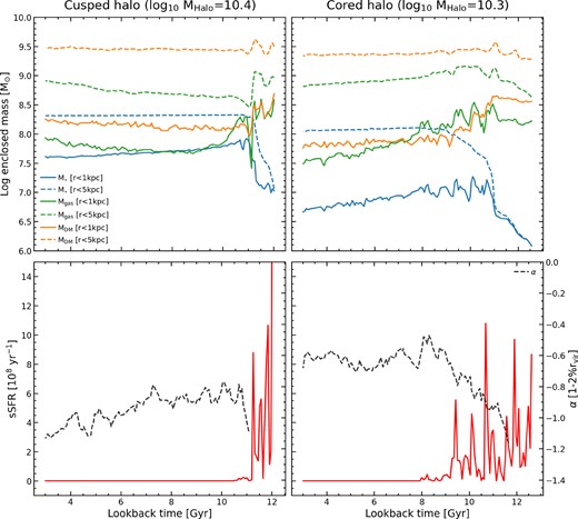 Top row: Enclosed mass (gas, DM, stellar) within 1 and 5 physical kpc versus look-back time for a cuspy halo (left) and a cored halo (right). The mass within 1 kpc is shown using the solid lines, while the mass within 5 kpc is shown using the dashed lines. Bottom row: sSFR of the galaxy (red) and inner DM density profile slope (black dashed line) versus look-back time (note that the slope is only shown when the inner DM density profile is above the resolution criteria set in subsection 3.1). Cored Haloes experience bursty star formation over an extended period of time which results in the removal of gas from within the central 1 kpc. When this occurs the DM responds to this removal of mass and also moves out of the central regions. The halo experiences multiple episodes of this process and eventually forms a core. Conversely, low mass cuspy Haloes have much briefer periods of star formation at high redshift before becoming quenched. This stops the removal of gas from within 1 kpc and means that the gravitational potential is not significantly altered and a core is never formed.