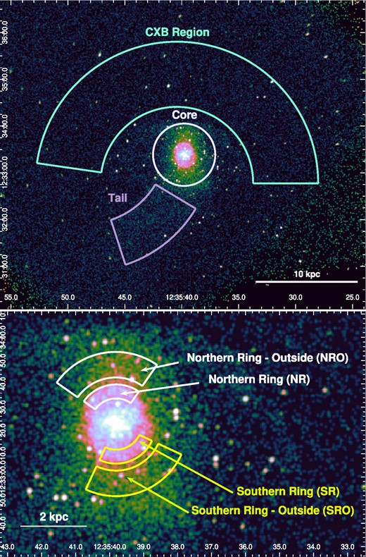 (Top) Background subtracted Chandra/ACIS-S image of M89 with highlighted regions used for our abundance study: Cosmic X-ray Background (CXB) region, Core region, and Tail region. (Bottom) Zoom onto the centre of the galaxy with highlighted extraction regions used for estimating parameters of the shock.