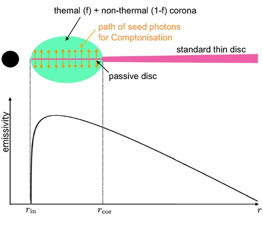 Sketch of model geometry and radial emissivity profile.
