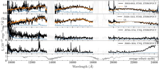 Reduced 2D and 1D spectra of two STAR type and two UNQ objects observed with NIRES. The 1D spectra here are flux-calibrated and telluric-corrected, and the orange curves are the brown dwarf spectra with the lowest reduced χ2 values. The blue curves are the noise. The grey curve in the bottom panel is the average telluric model. The spectra and noise are smoothed using the inverse variance with a smoothing window of 9 pixels. We do not show the 2D spectra here because NIRES has multiple orders. We note that the flux in the red end of J0800+3034 is not real, but a saturating issue.
