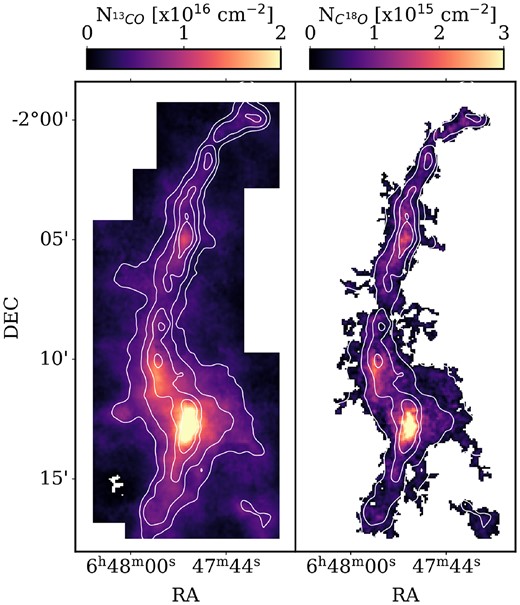 A map of the column density of (left) 13CO and (right) C18O. The contours denote total column density at an Av of 2, 3, 5 and 8 magnitudes.