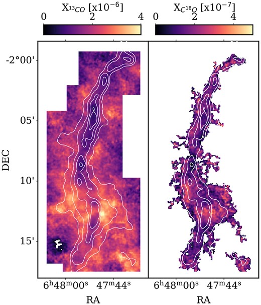 A map of the abundance of (left) 13CO and (right) C18O with respect to H2. The contours denote total column density at an Av of 2, 3, 5, and 8 mag.