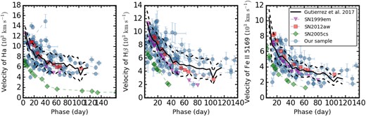 Velocity evolution of H α, H β, and Fe ii 5169 lines of our SN II sample and some well-studied SNe II. The black solid line and dashed lines represent the average velocity evolution and 1σ standard deviation from the sample of Gutiérrez et al. (2017a).