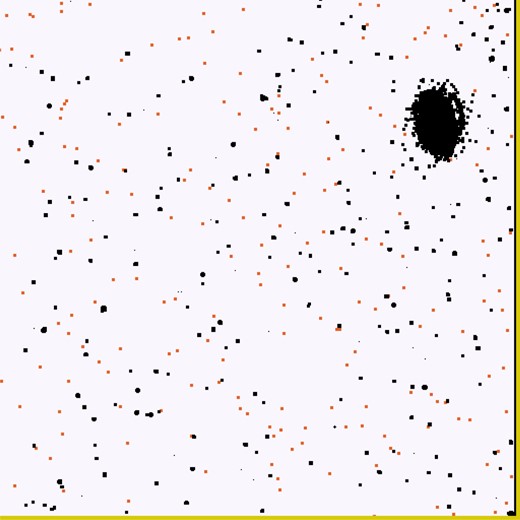 An example of a simulated mask. This is the 512 × 512 lower-right corner of SCA 11 in a H158-band observation (ID 8836). Reference pixels are shown in dark yellow (right and bottom sides); permanently masked pixels are shown in black; and pixels rejected in this observation only due to cosmic rays are shown in red-orange (small squares).