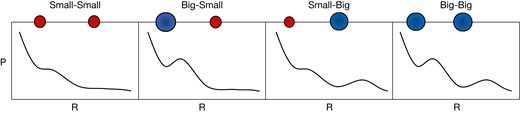 Schematic illustration of disc pressure profiles in the four cases we explore in our main suite of simulations. ‘Small’ and ‘Big’ refer to low- and high-mass planets, which cause the pressure profile exterior to the planet to form a point of inflection and a pressure maximum, respectively.
