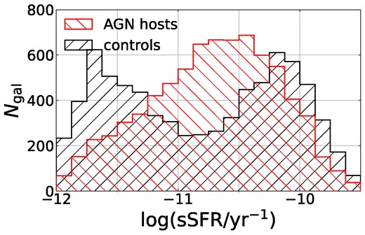 Distributions of specific star formation rates (Brinchmann et al. 2004) of our AGN host sample (red; left slanted hatching) and their mass- and redshift-matched control galaxies (black; right slanted hatching).