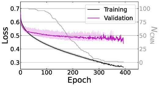 Loss function of the CNNs over the training period. Solid lines show median loss over all CNNs at each epoch, while shaded regions show 90 per cent of the CNNs. As training length is variable, the number of CNNs still training at a given epoch is shown in grey.