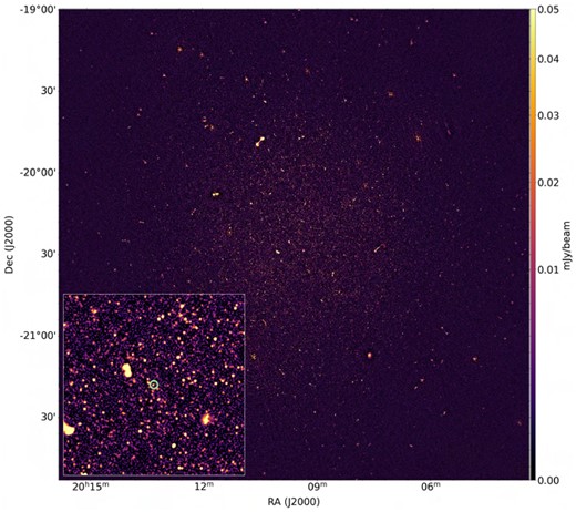 MeerKAT image of a deep follow-up observation in L band (observation L1). Inset shows zoom into the centre of the field. The PARROT is circled.