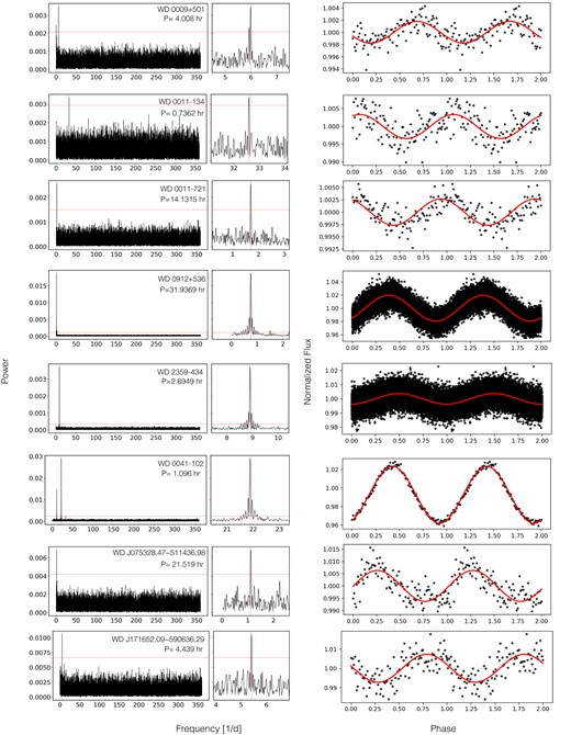 Periodograms (left: full Nyquist range; middle: zoomed in to the highest peak) and phase-folded light curves (right) of eight white dwarfs with a TESS light curve that shows statistically significant variations with the same period in all available sectors. The horizontal red line illustrates the false alarm probability level (FAP level) for a probability of 10−3 per cent. In the case of WD 0009+501, WD 0011-134, WD 0011-721, WD 0041-102, WD J075328.47-511436.96, and WD J171652.09-590636.29 we binned the phase-folded light curve (using 100 bins) as the amplitude of the variation is too small to be spotted in the un-binned light curve. For WD 0009+501 and WD 0041-102 we know from previous observations that the true period is twice the period we detect in the TESS data (Achilleos et al. 1992; Valyavin et al. 2005). We use the longer (and correct) periods in the distributions discussed in this paper. The TESS light curves folded over the rotation period can be found in the appendix. For the other seven objects, we interpret the observed periods as reflecting the rotation periods of the white dwarfs. The measured periods range from a few hours to several days.