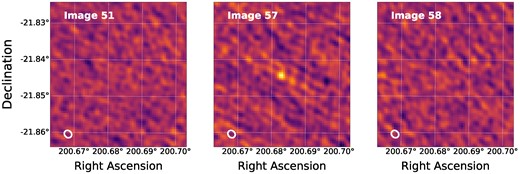 MeerKAT images for the 128 s time-scale showing the location of the rejected transient candidate, each with a dimension of $2.4\,\,\mathrm{ arcmin} \,{\times }\, 2.4\,\,\mathrm{ arcmin}$. The middle panel shows the image in which the candidate was detected, image 57, with a signal-to-noise ratio of 6.02σ. The left panel shows image 51, which is the first accepted image (based on quality control, see Section 3.3) preceding image 57. The right panel shows image image 58, which is the first accepted image following image 57. The contour of the shape and size of the restoring beam as determined for full data set by trap is shown in white in the lower left corner.