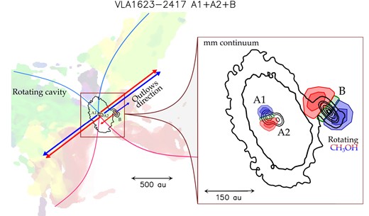 Sketch (not to scale) of the VLA1623–2417 system (see also fig. 19 by Hsieh et al. 2020). The figure shows: (i) the high-spatial resolution mm-continuum map (Harris et al. 2018) revealing the A1+A2 binary system, its circumbinary disc, and the protostar B, (ii) the extended rotating cavity (CS; Ohashi et al. 2022), (iii) the directions of the multiple outflows (CO; Santangelo et al. 2015; Hsieh et al. 2020; Hara et al. 2021), and (iv) the rotating discs of A1 and B imaged in CH3OH (Codella et al. 2022).