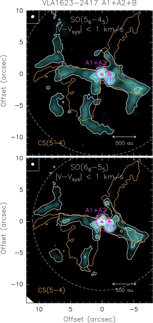 The VLA1623–2417 A1+A2+B system as traced by SO(56–45) (Upper panel), and SO(66–55) (Bottom) emission integrated over ± 1 km s−1 (labelled S in Fig. 3) with respect to the systemic velocity of the triple system of + 3.8 km s−1 Ohashi et al. (2022). The position of the A1+A2, B, and W protostars are labelled. The dashed circles delimitate the FWHM field of view of the ALMA image: 26 arcsec for SO(56–45), and 22 arcsec for SO(56–45). The dashed circles delimitate the FWHM field of view of the ALMA image. The synthesized beam (top-left corners) are 0${_{.}^{\prime\prime}}$54 × 0${_{.}^{\prime\prime}}$45 (PA = –74°), for SO(56–45), and 0${_{.}^{\prime\prime}}$47 × 0${_{.}^{\prime\prime}}$45 (PA = +86°), for SO(66–55). First contours of both the SO maps start from 5σ (35 mJy km s−1 beam−1, Upper, 25 mJy km s−1 beam−1, Lower) with intervals of 10σ. The orange thick contour is the CS(5–4) emission (25σ) which traces the outflow cavity walls associated with VLA1623A1+A2 (from Ohashi et al. 2022). In magenta we plot selected contours from the high spatial resolution (∼ 0${_{.}^{\prime\prime}}$2) continuum (0.9 mm) ALMA map by Harris et al. (2018) to pinpoint the positions of A1, A2, and B.