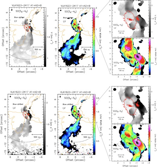 Kinematics of the VLA1623–2417 A1+A2+B system as traced by the SO(56–45) (Upper panels), and SO(66–55) (Bottom panels) emissions blue-shifted with respect to systemic velocity (+3.8 km s−1; Ohashi et al. 2022) of 1–6.6 km s−1 (labelled LV, see Fig. 3). Left and Middle panels are for the moment 1 (intensity-weighted peak velocity), and moment 2 (intensity-weighted emission width) maps, respectively (colour scale). First contours of both the SO maps start from 5σ (25 mJy km s−1 beam−1). The position of the A1+A2, and B protostars are labelled. The dashed circles delimitate the FWHM field of view of the ALMA image: 26 arcsec (Upper), and 22 arcsec (Bottom). The synthesized beam (top-left corners) are 0${_{.}^{\prime\prime}}$54 × 0${_{.}^{\prime\prime}}$45 (PA = –74°), for SO(56–45), and 0${_{.}^{\prime\prime}}$47 × 0${_{.}^{\prime\prime}}$45 (PA = + 86°), for SO(66–55). In red or black we plot selected contours from the high spatial resolution (∼ 0${_{.}^{\prime\prime}}$2) continuum (0.9 mm) ALMA map by Harris et al. (2018) to pinpoint the positions of A1, A2, and B. The orange thick contour is the CS(5–4) emission (25σ) which traces the outflow cavity walls associated with VLA1623A1+A2 (from Ohashi et al. 2022). Right panels: Zoom-in of the inner region around the circumbinary A1+A2 disc and the protostellar B disc.