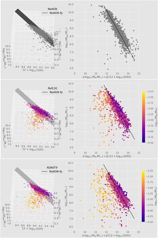 Scatter plot of galaxies in the M⋆–O/H–Mgas space for simulations that evaluate the effects of varying AGN feedback (see Table 1, for details). Left panel: 3D visualization. Right panel: 2D projection with α = −1 and β = C2 = 2.49. Symbols are colour-coded with MBH/M⋆ as an indicator of the dominance of the BH mass in each galaxy. Note that, for the NoAGN simulation, MBH is null for all galaxies, so they are shown with an uniform grey colour. For more viewing angles, see the Supplementary Material.