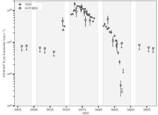 Combined S-CUBED and TOO X-ray light curve of SMC X-2, showing the 2022 outburst period. Grey background regions show periods of time when the source was observable by Swift, white gaps are observing gaps due to spacecraft constraints. The similarity of the 2022 outburst profile can be compared to the 2015 outburst profile (see fig. 1 from Lutovinov et al. 2017).