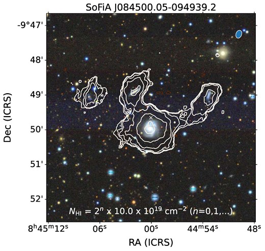 MeerKAT H i contours overlaid on a three-colour DECaLS DR10 image for galaxy IDs 1–4. There is clear interaction between the southern-most galaxy (ID3) and its neighbouring counterparts (ID1 and ID2). Galaxies ID1 and ID2 have been found to have relatively diminished SFRs (0.28 and 0.46 M⊙ yr−1) compared to the SFR of ID3 (7.11 M⊙ yr−1). Image generated through SIP.