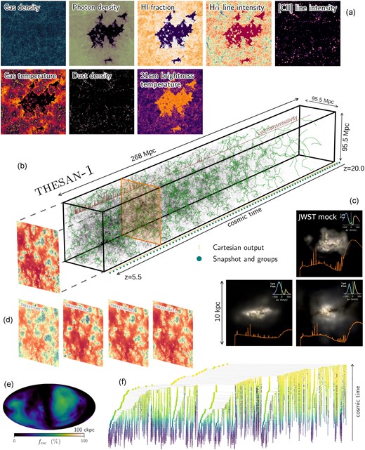 Schematic overview of select data products released with this paper and showing their interconnection. Panel (b) features a lightcone-like 3D rendering of the thesan-1 simulation box in the redshift range 5.5 ≤ z ≤ 20. The simulation box is outlined by black lines, and the output times for full snapshots (see Section 3.1) and Cartesian outputs (see Section 3.3) are indicated in the bottom right of the panel using blue points and yellow bars, respectively. Grey points within the 3D rendering represent simulated haloes (see Section 3.2). We overplot in green the identified filaments (see Section 3.11), in brown the IGM transmissivity to the Ly α line along a random sightline (see Section 3.10), and in orange a slice through the simulation. In panel (a) we show a selection of simulated physical quantities, indicated in the top left of each slice. In panel (c) we show synthetic JWST images and SEDs (background and orange line, respectively, see Section 3.13) of three randomly selected galaxies at z = 6. Panel (d) shows the reionization redshift computed for the different runs of the original thesan series. Finally, panels (e) and (f) show, respectively, the escape fraction of ionized photons (see Section 3.12) at 100 ckpc from the central galaxy and the merger tree (see Section 3.5) for the largest halo in the thesan-1 box. In the latter, each progenitor is shown using a circle of size proportional to its mass and colour proportional to the reionization state of its environment (defined as a 1 cMpc sphere around it).