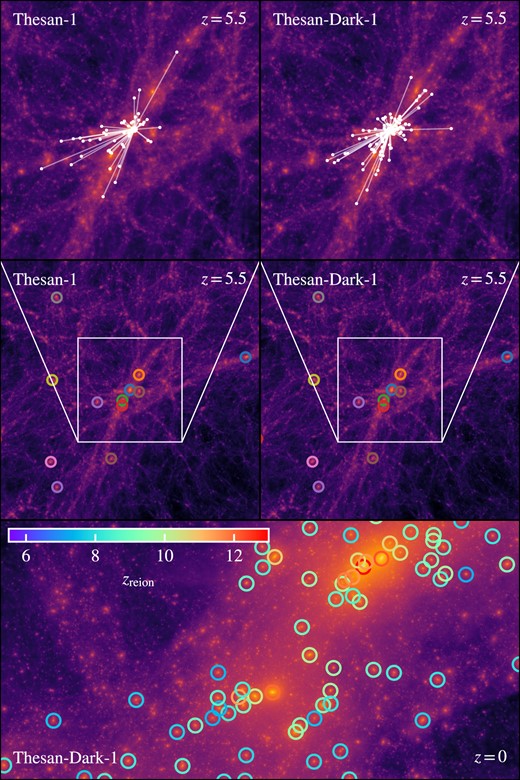 Example of cross-matches between thesan-1 and thesan-dark-1. The central panels show the projected DM density within a 10 cMpc view of the most massive halo at z = 5.5 in thesan-1 (left) and thesan-dark-1 (right). Matches between all subhaloes with mass MH > 1011 M⊙ within this view are shown as circles colour-matched between the two simulation volumes. To highlight potential pitfalls with the matching algorithm, the top two panels show a zoomed-in view of both simulations, with white lines showing all subhaloes that are cross-matched from the other volume to the most massive, central, subhalo. The bottom panel shows the same region, at z = 0 in thesan-dark-1, utilizing cross-links and merger trees to provide reionization timings for all DM subhaloes with MH > 1011 M⊙.