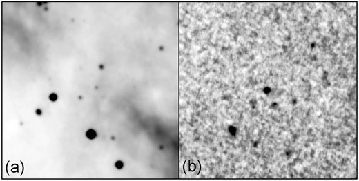 Dos imágenes ejemplifican la apariencia de cada categoría: nebulosa en el panel izquierdo y no nebulosa en el derecho. Ambas imágenes están normalizadas. Cada imagen corresponde a una región cuadrada del cielo con un lado de 9,625 minutos de arco.