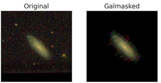 An example application of galmask on the jellyfish candidate IC1885 having JClass = 2. galmask is used during pre-processing to remove unwanted background sources.